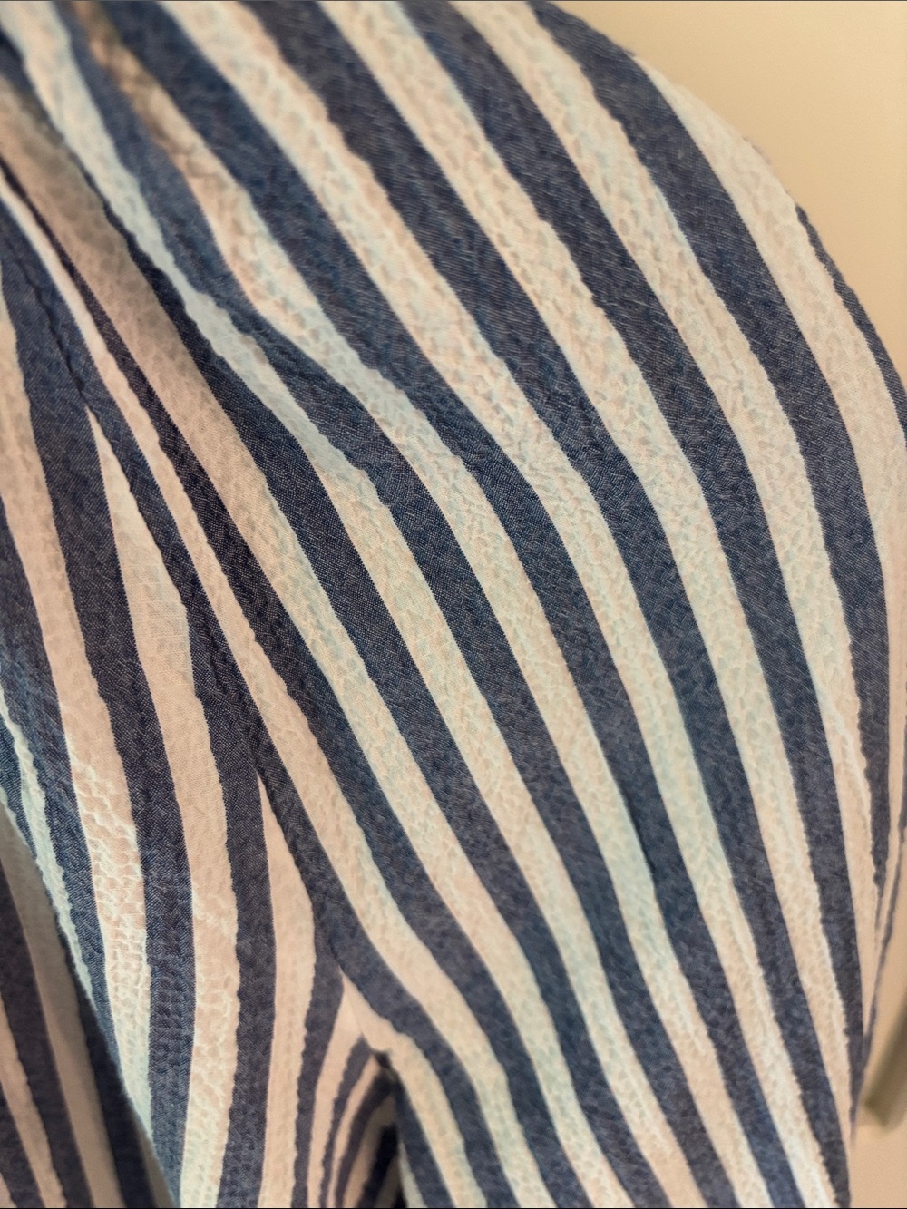 Veronica Beard Blue and White Striped Ruffle Neck Button-Front Blouse - Picture 3 of 6